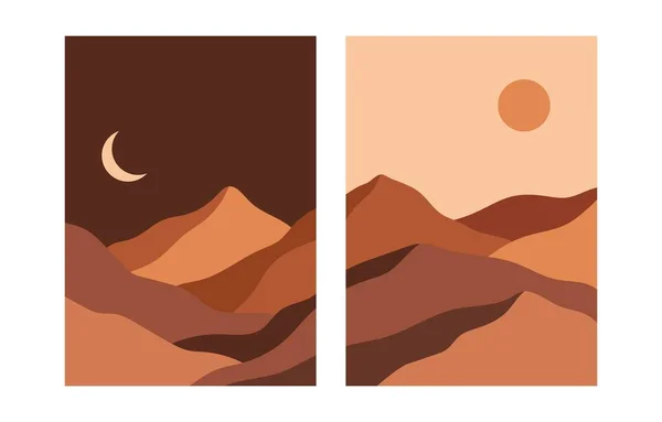 Abstrakte Landschaftshintergründe. Natur zeitgenössische Wüste minimalistische Plakatset, Mitte des Jahrhunderts handgezeichnete Tapeten. Vektorillustration — Stockvektor