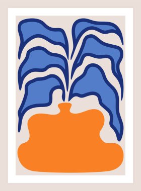 Soyut vazo posteri. Minimalist çiçek desenleri, modern çanak çömlek arkaplanı, el çizimi organik şekiller. Vektör illüstrasyonu