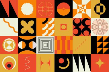 Minimalist geometrik poster. Soyut arkaplan, vahşi şekiller, basit kalın şekiller, modern İsviçre baskısı. Vektör yerleşimi tasarımı