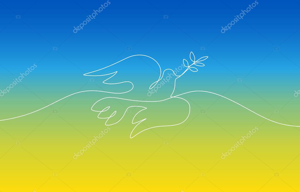 One line flying dove as peace symbol. No war sign. Simple line drawing of no war sign, Support Ukraine. Abstract vector illustration.