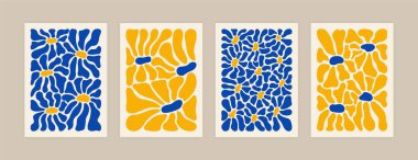 Modern çiçek posteri seti. El çizimi çiçekler çocukça. Soyut dekoratif çağdaş botanik öğeler. Vektör saf sanat baskısı