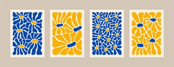 Modern çiçek posteri seti. El çizimi çiçekler çocukça. Soyut dekoratif çağdaş botanik öğeler. Vektör saf sanat baskısı