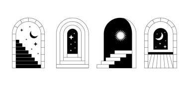 Asgari gerçeküstü kapı merdivenleri. Soyut boho hattı merdiveni, kemer, dövme ve baskı için modaya uygun mistik geometrik sanat. Vektör seti.