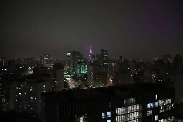 Edifícios Iluminados São Paulo Alusão Outubro Rosa Oct 2021 São — Fotografia de Stock