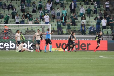 (Brezilya Futbol Şampiyonası: Palmeiras ve Red Bull Bragantino. 9 Ekim 2021, Sao Paulo, Brezilya: Brezilya Futbol Şampiyonası 'nın 25. turunda geçerli olan Red Bull Bragantino ile oynanan futbol maçı sırasında Palmeiras taraftarları