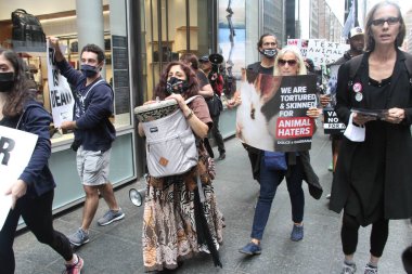 (New York 'ta Kürk karşıtı yürüyüş. 9 Ekim 2021, New York, ABD: İnsanlar Manhattan 'da Madison Bulvarı' ndaki moda evlerinin önünde Hayvan Zulmü 'nü protesto ediyor ve hayvan kürkü kullanımını durdurma çağrısı yapıyorlar. 