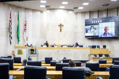 Kıdemliyi Engelle 'nin mali müşaviri. 21 Ekim 2021, Sao Paulo, Brezilya: Sao Paulo 'nun bu ikinci gününde Sao Paulo şehir konseyinde kıdemli doktorların avukatı, Bruna Morato ve Ulusal Araştırma Koordinatörü