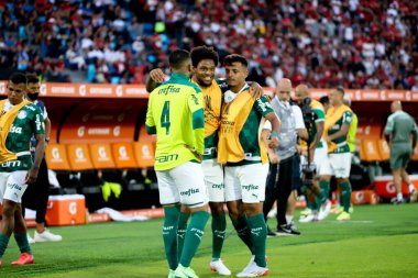 Conmebol Libertadores Finali: Palmeiras ve Flamengo: 27 Kasım 2021, Montevideo, Uruguay. Palmeiras oyuncuları, Centenario Stadyumu 'nda oynanan bir futbol maçında Flamengo' ya karşı 2-1 'lik galibiyetten sonra Conmebol Libertadores' in üç şampiyonluğunu kutladılar.