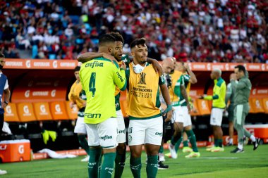 Conmebol Libertadores Finali: Palmeiras ve Flamengo: 27 Kasım 2021, Montevideo, Uruguay. Palmeiras oyuncuları, Centenario Stadyumu 'nda oynanan bir futbol maçında Flamengo' ya karşı 2-1 'lik galibiyetten sonra Conmebol Libertadores' in üç şampiyonluğunu kutladılar.