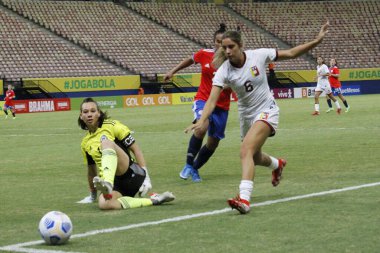 Uluslararası Kadınlar Futbol Turnuvası: Şili ve Venezuela. 25 Kasım 2021, Manaus, Amazonas, Brezilya: Uluslararası Kadınlar Futbol Turnuvası 'nın açılışı için geçerli olan Şili ve Venezuela milli takımı arasındaki futbol maçı