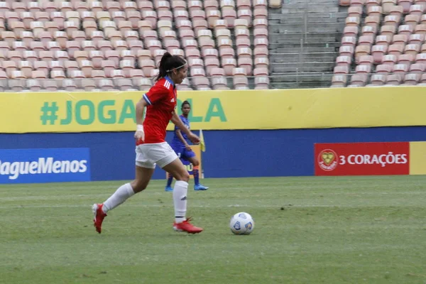 2021年11月28日 巴西亚马孙州马瑙斯 智利和印度国家足球队之间的足球比赛 适用于在亚马孙竞技场举行的国际女子足球锦标赛 — 图库照片