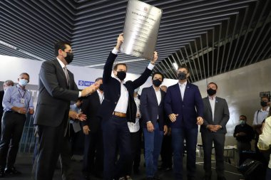 Vila Sonia Sarı Hat metro istasyonunun açılışı. 17 Aralık 2021, Sao Paulo, Brezilya: Sao Paulo Valisi Joao Doria (PSDB), 