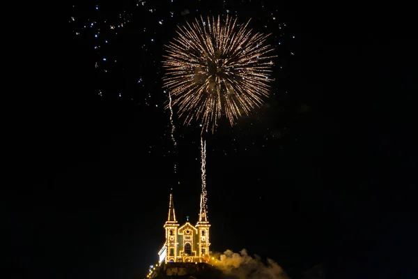 Fireworks Display Penha Church New Year Eve Rio Janeiro January — стоковое фото