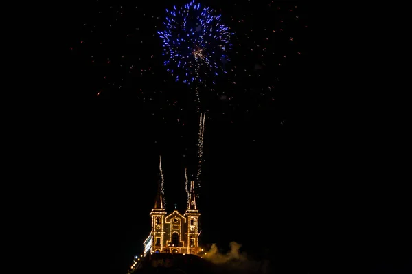 Fireworks Display Penha Church New Year Eve Rio Janeiro January — стоковое фото