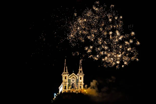 Fireworks Display Penha Church New Year Eve Rio Janeiro January — стоковое фото