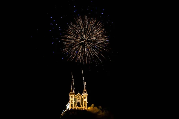 Fireworks Display Penha Church New Year Eve Rio Janeiro January — стоковое фото