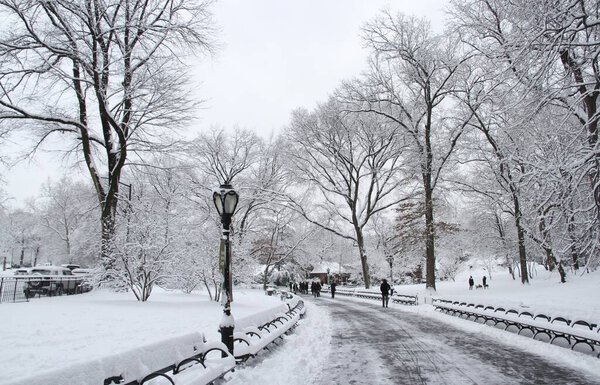 Snowfall at Central Park. January 7, 2022, New York, USA: The first awaited snowfall of 2022 at Central Park, New York with a winter weather advisory in effect for New York City until 12pm warning New Yorkers and tourists take caution while