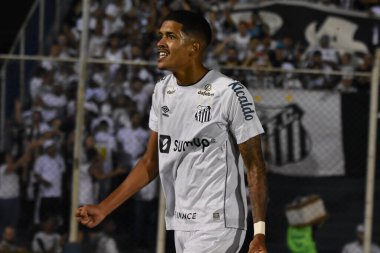 Yarı final: Sao Paulo Gençler Futbol Kupası 2022: Santos ve Amerika-MG. 21 Ocak 2022, Sao Caetano do Sul, Sao Paulo, Brezilya: Santos takımından Lucas Barbosa, Santos ile Amerika-MG arasındaki futbol maçındaki golünü kutluyor.