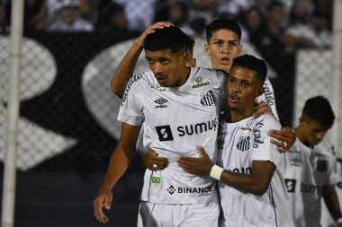 Yarı final: Sao Paulo Gençler Futbol Kupası 2022: Santos ve Amerika-MG. 21 Ocak 2022, Sao Caetano do Sul, Sao Paulo, Brezilya: Santos takımından Lucas Barbosa, Santos ile Amerika-MG arasındaki futbol maçındaki golünü kutluyor.