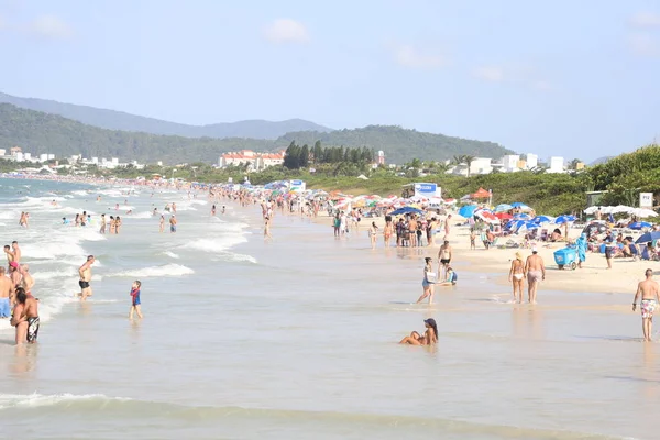 沐浴者们在国际犹太海滩享受着炎热的一天 巴西圣卡塔里纳州弗洛里亚诺波利斯 23日 在圣卡塔里纳州弗洛里亚诺波利斯市受欢迎的Jurere Internacional海滩 浴者们享受着炎热的一天 — 图库照片