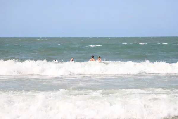沐浴者们在国际犹太海滩享受着炎热的一天 巴西圣卡塔里纳州弗洛里亚诺波利斯 23日 在圣卡塔里纳州弗洛里亚诺波利斯市受欢迎的Jurere Internacional海滩 浴者们享受着炎热的一天 — 图库照片