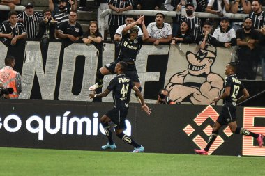 Paulista Futbol Şampiyonası: Korintliler ve Santos. 2 Şubat 2022, Sao Paulo, Brezilya: Çarşamba günü Sao Paulo 'daki Neo Quimica Arena' da düzenlenen Paulista Futbol Şampiyonası 'nın 3. turu için Corinthians ve Santos arasındaki futbol maçı geçerli.