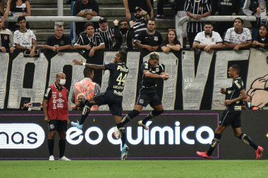 Paulista Futbol Şampiyonası: Korintliler ve Santos. 2 Şubat 2022, Sao Paulo, Brezilya: Çarşamba günü Sao Paulo 'daki Neo Quimica Arena' da düzenlenen Paulista Futbol Şampiyonası 'nın 3. turu için Corinthians ve Santos arasındaki futbol maçı geçerli.