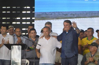 Brezilya Cumhurbaşkanı Jair Bolsonaro, Rio Grande do Norte eyaletindeki Sao Francisco Nehri 'nin değişiminden gelen suların gelişiyle ilgili bir etkinlik sırasında. 9 Şubat 2022, Jardim de Piranhas, Rio Grande do Norte, Brezilya. 