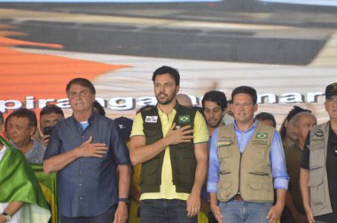 Brezilya Cumhurbaşkanı Jair Bolsonaro, Rio Grande do Norte eyaletindeki Sao Francisco Nehri 'nin değişiminden gelen suların gelişiyle ilgili bir etkinlik sırasında. 9 Şubat 2022, Jardim de Piranhas, Rio Grande do Norte, Brezilya. 