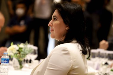 Brezilya Başkanlığı Adayıyla LIDE Öğle Yemeği Tartışması. 18 Şubat 2022, Sao Paulo, Brezilya: Brezilya cumhurbaşkanı adayı Sergio Moro, Simone Tebet ve Luiz Felipe d 'Avila ile başkanlık serisi. LIDE Öğle Yemeği Tartışması