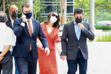 Brezilya Başkanlığı Adayıyla LIDE Öğle Yemeği Tartışması. 18 Şubat 2022, Sao Paulo, Brezilya: Brezilya cumhurbaşkanı adayı Sergio Moro, Simone Tebet ve Luiz Felipe d 'Avila ile başkanlık serisi. LIDE Öğle Yemeği Tartışması
