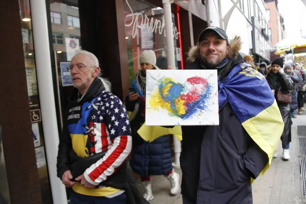 Ucranianos Nueva York Protestan Contra Invasión Rusa Ucrania Febrero 2022 — Foto de Stock