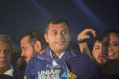 Brezilya Birlik Partisi, Wilson Lima 'yı Brezilya Milletvekilleri Meclisi' nin en büyük ikinci partisinde resmileştirdi. 26 Mart 2022, Manaus, Amazonas, Brezilya: Brezilya Birlik Partisi 26 Mart Cumartesi günü Amazonas Wilson Valiliği görevine getirildi. 