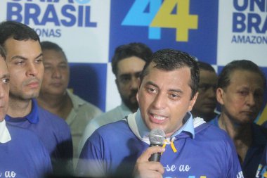 Brezilya Birlik Partisi, Wilson Lima 'yı Brezilya Milletvekilleri Meclisi' nin en büyük ikinci partisinde resmileştirdi. 26 Mart 2022, Manaus, Amazonas, Brezilya: Brezilya Birlik Partisi 26 Mart Cumartesi günü Amazonas Wilson Valiliği görevine getirildi. 