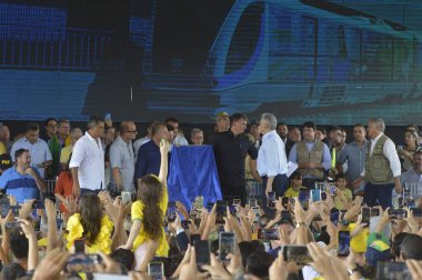 Brezilya Cumhurbaşkanı Jair Bolsonaro Parnamirim 'de Rio Grande do Norte eyaletinde bir tren istasyonunun açılışında. 30 Mart 2022, Parnamirim, Rio Grande do Norte, Brezilya: Brezilya Cumhurbaşkanı Jair Bolsonaro 'ya bakanlar eşlik etti