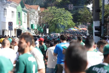 Paulista Futbol Şampiyonası - Finaller: Palmeiras Sao Paulo 'ya karşı. 3 Nisan 2022, Sao Paulo, Brezilya: Sao Paulo 'ya karşı oynanan son Paulista Futbol Şampiyonası için Allianz Parque Stadyumu' nda Palmeiras taraftarları Hareketi