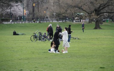 Central Park 'ın büyük çimleri halka açıldı. 11 Nisan 2022, New York, ABD: Salgın döneminde Central Park 'ın büyük bahçesi kapatıldıktan sonra halka açıldı. Çok az insan piknik yaparken, müzik dinlerken görülüyor.