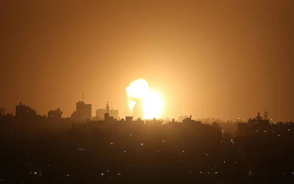 Confrontation between Israel and Palestine intensifies. April 19, 2022,  Khan Yunis, Gaza Strip, Palestine: Flames and smoke rise during Israeli air strikes amid escalating violence between the two countries in the  Khan Yunis