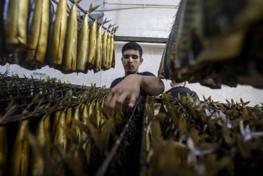 Filistinli tütsülenmiş ringa balığı ve tuzlanmış balığı Gazze 'de satılığa çıkarttı. 1 Nisan 2022, Gazze, Filistin: Filistinliler Maghazi mülteci kampındaki bayram tatilinden günler önce tütsülenmiş ringa balığı ve tuzlanmış balığı pazarlarda satmak için hazırlıyorlar.