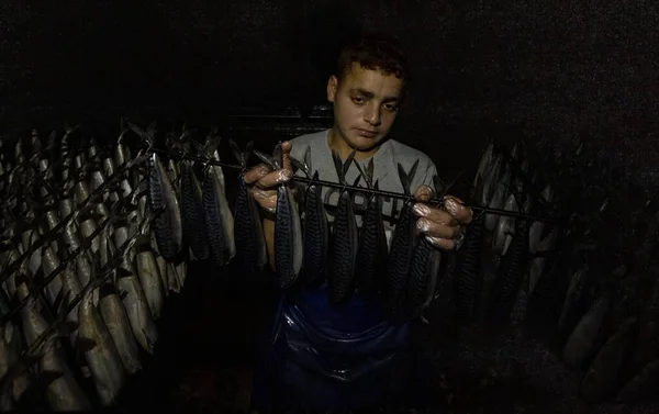 Filistinli Tütsülenmiş Ringa Balığı Tuzlanmış Balığı Gazze Satılığa Çıkarttı Nisan — Stok fotoğraf