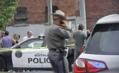 Mass shootings with 10 dead in Buffalo-New York. May 14, 2022, Buffalo, New York, USA: There was a mass shooting at Tops Supermarket on Jefferson Avenue, Buffalo, New York with 13 people shot, 10 dead and a big blow to the city. 