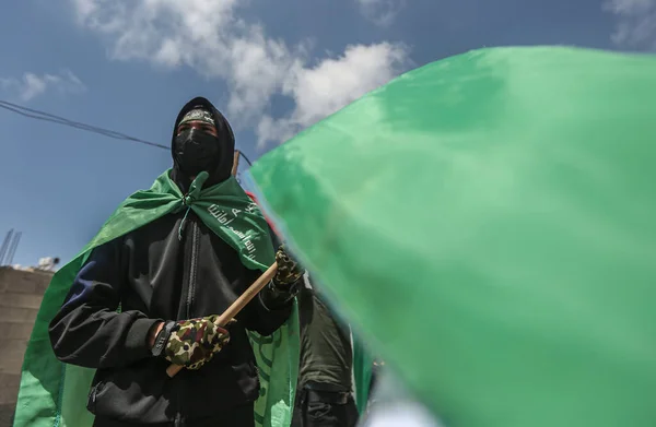 Палестинцы Размахивают Флагами Время Шествия Честь Годовщины Накбы Мая 2022 — стоковое фото