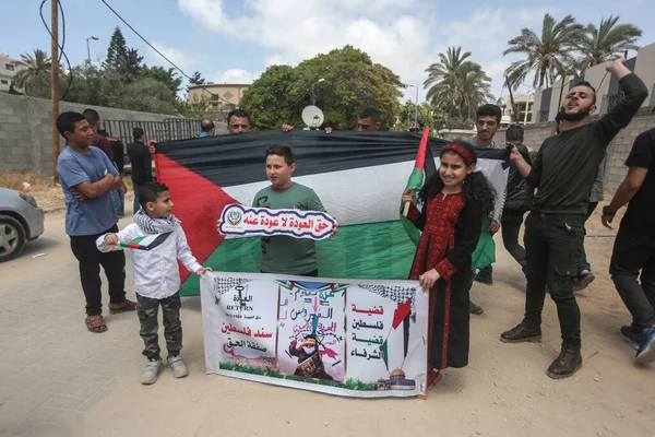 Palestinians Wave Flags March 74Th Anniversary Nakba May 2022 Gaza —  Fotos de Stock