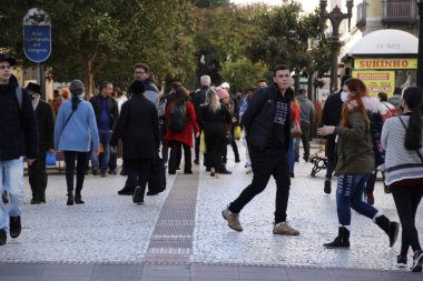 50th anniversary of the XV Street Boardwalk, in Curitiba. May 19, 2022, Curitiba, Parana, Brazil: Pedestrian movement on the famous Calcadao da Rua XV (XV Street Boardwalk), in downtown Curitiba