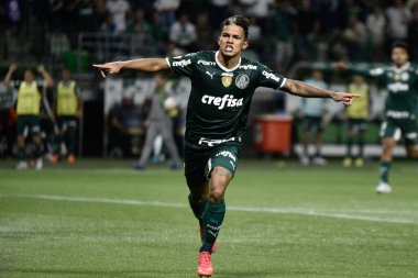Brezilya Futbol Şampiyonası - Palmeiras Cuiaba 'ya karşı. 18 Temmuz 2022, Sao Paulo, Brezilya: Palmeiras ile Cuiaba arasındaki futbol maçı, 17. Brezilya Futbol Şampiyonası için geçerli, Sao Paulo 'daki Allianz Parque Stadyumu' nda 18 Temmuz Pazartesi günü yapıldı. Baba!