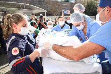 Civil Defense of Brazil conducts emergency drill in hospitals in the city of Curitiba. July 19, 2022, Curitiba, Parana, Brazil: Simulated emergency exercise is carried out by the Civil Defense at Sao Vicente and Cruz Vermelha hospitals