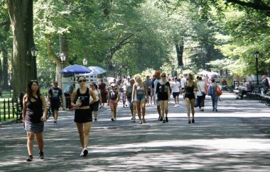 Central Park 'ta güneşli bir gün. 19 Temmuz 2022, New York, ABD: Bazıları Central Park 'ı gezerken, müzik dinlerken, kürek çekerken, resim çekerken, spor yaparken ve hatta kaplumbağaları beslerken görülüyor. 