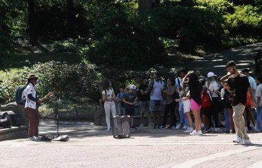 Central Park 'ta güneşli bir gün. 19 Temmuz 2022, New York, ABD: Bazıları Central Park 'ı gezerken, müzik dinlerken, kürek çekerken, resim çekerken, spor yaparken ve hatta kaplumbağaları beslerken görülüyor. 