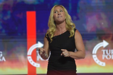 Marjorie Taylor Greene in Tampa, Florida. July 23, 2022, Tampa, Florida, USA: Marjorie Taylor Greene delivers remarks at the Turning Point USA Student Action Summit 2022. 