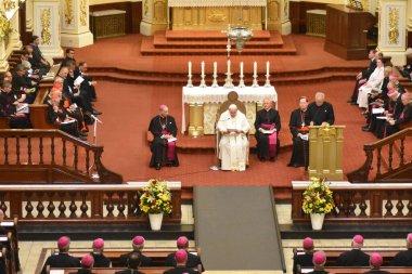 Pope Francis hosts mass at Notre-Dame de Quebec Basilica-Cathedral in Quebec, Canada. July 28, 2022, Quebec, Canada: Pope Francis was welcomed with warm reception as he delivers remarks at mass at Notre-Dame de Quebec Basilica-Cathedral 
